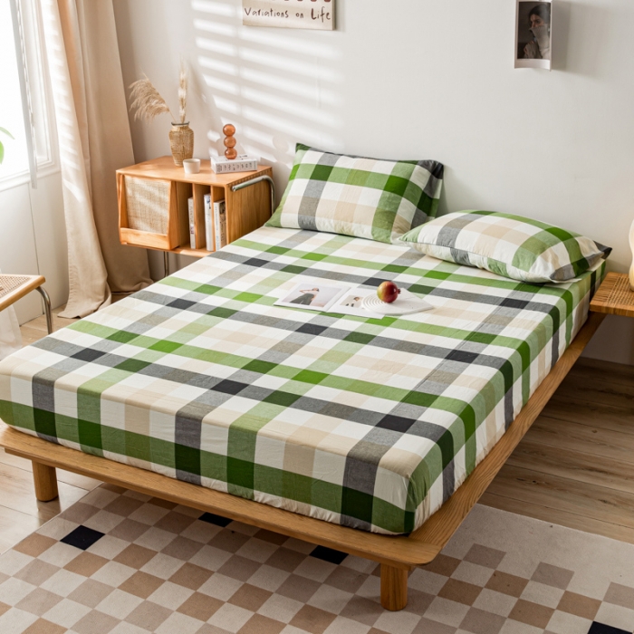 91家纺网 家纺一手货源 找家纺 九沐良品 新款A类色织水洗棉床笠 海青鲜绿格