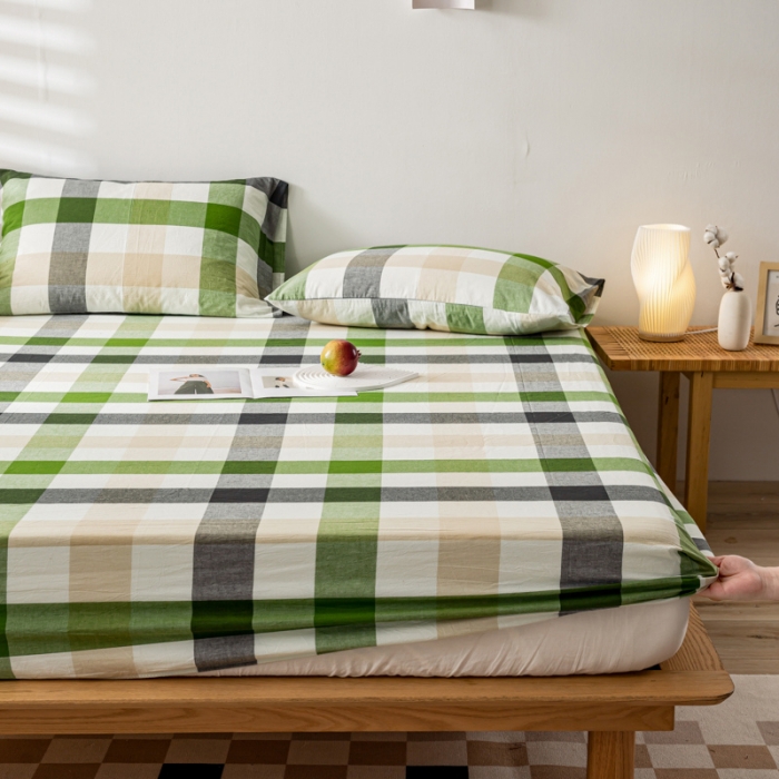 91家纺网 家纺一手货源 找家纺 九沐良品 新款A类色织水洗棉床笠 海青鲜绿格