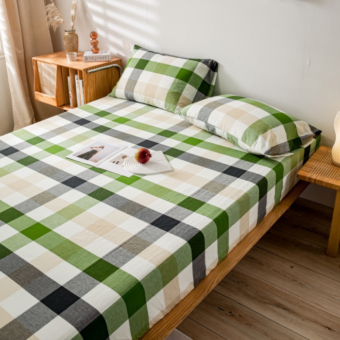 91家纺网 家纺一手货源 找家纺 九沐良品 新款A类色织水洗棉床笠 海青鲜绿格