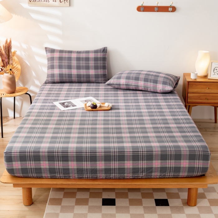 91家纺网 家纺一手货源 找家纺 九沐良品 新款A类色织水洗棉床笠 灰粉格