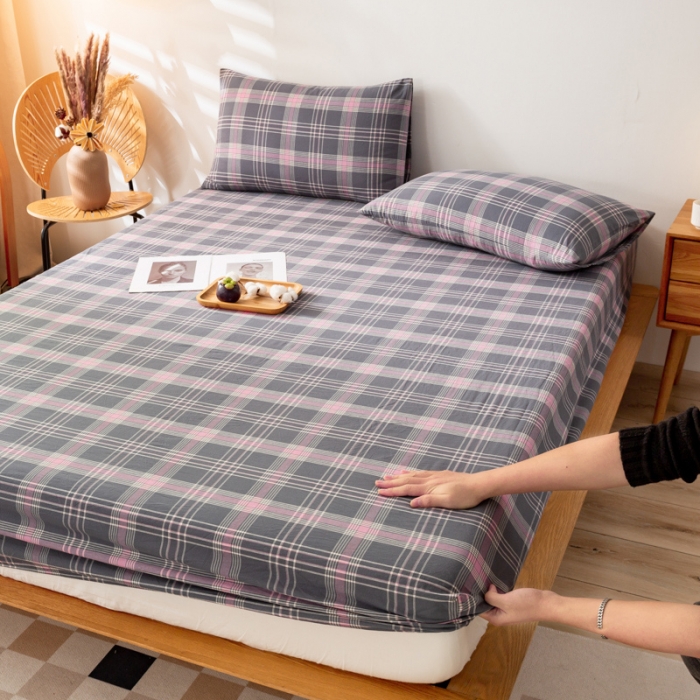 91家纺网 家纺一手货源 找家纺 九沐良品 新款A类色织水洗棉床笠 灰粉格