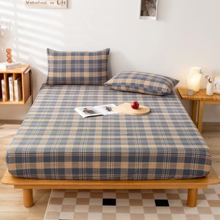 九沐良品 新款A类色织水洗棉床笠 灰桔格