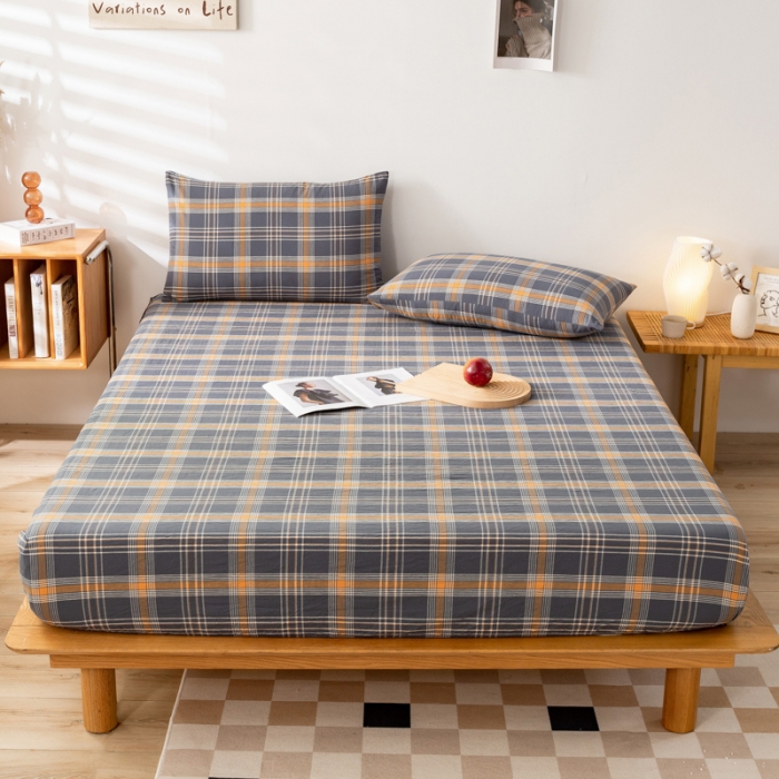 91家纺网 家纺一手货源 找家纺 九沐良品 新款A类色织水洗棉床笠 灰桔格