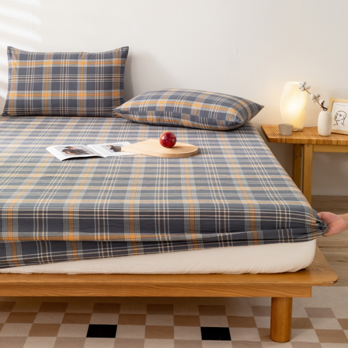 91家纺网 家纺一手货源 找家纺 九沐良品 新款A类色织水洗棉床笠 灰桔格