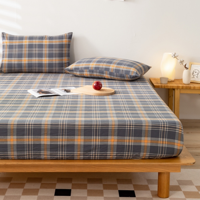 91家纺网 家纺一手货源 找家纺 九沐良品 新款A类色织水洗棉床笠 灰桔格