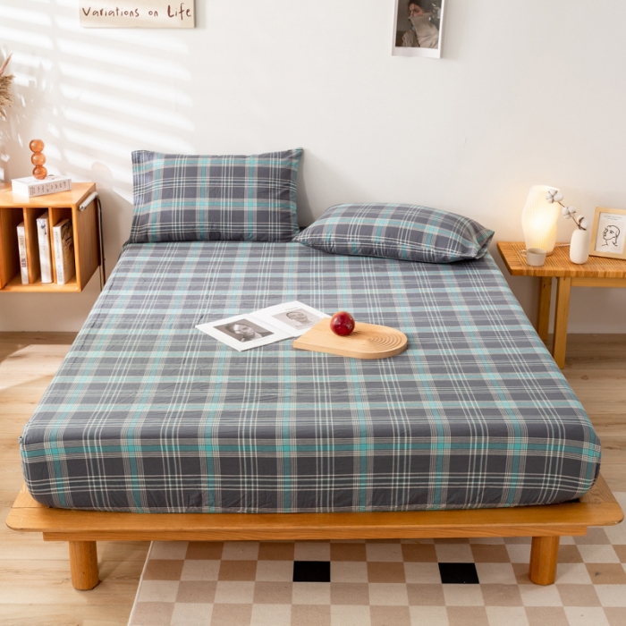 91家纺网 家纺一手货源 找家纺 九沐良品 新款A类色织水洗棉床笠 灰绿格