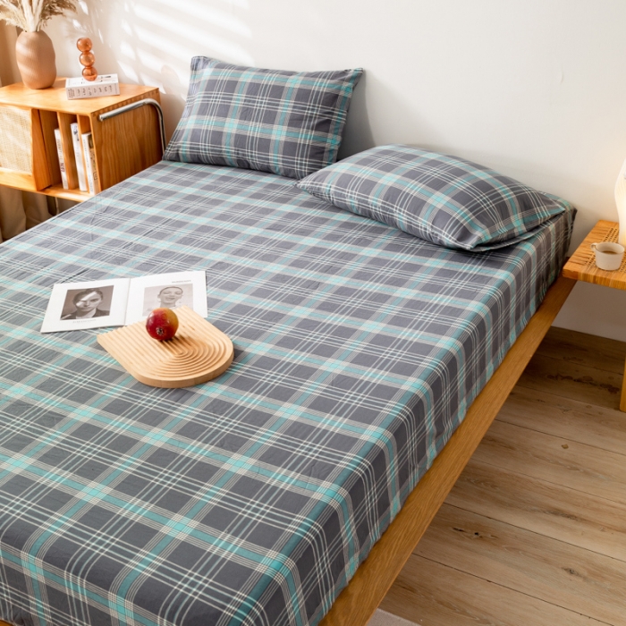 91家纺网 家纺一手货源 找家纺 九沐良品 新款A类色织水洗棉床笠 灰绿格