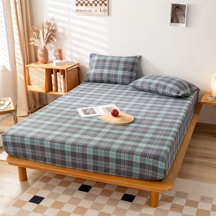 91家纺网 家纺一手货源 找家纺 九沐良品 新款A类色织水洗棉床笠 灰绿格