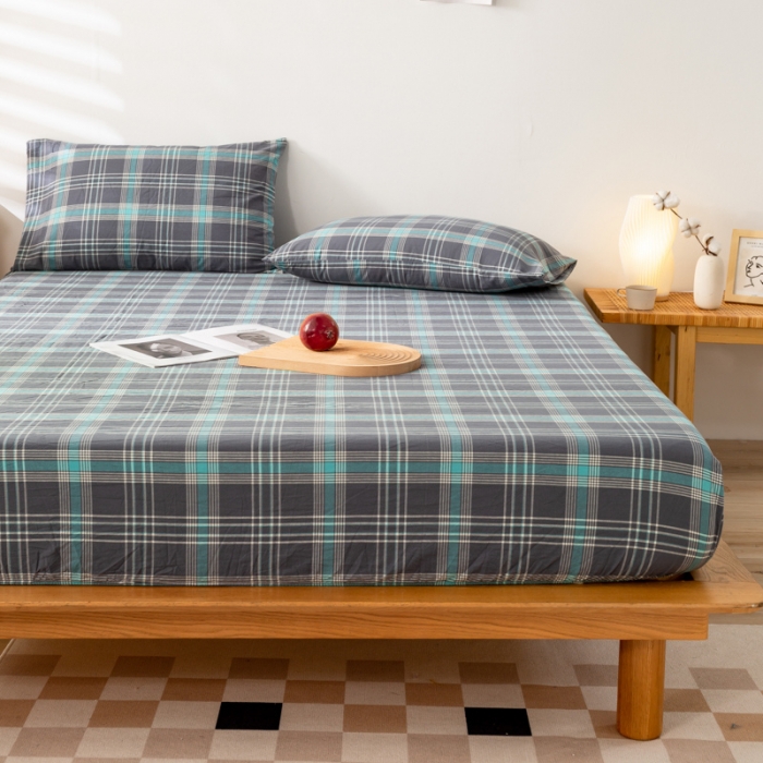 91家纺网 家纺一手货源 找家纺 九沐良品 新款A类色织水洗棉床笠 灰绿格