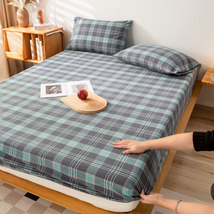 91家纺网 家纺一手货源 找家纺 九沐良品 新款A类色织水洗棉床笠 灰绿格