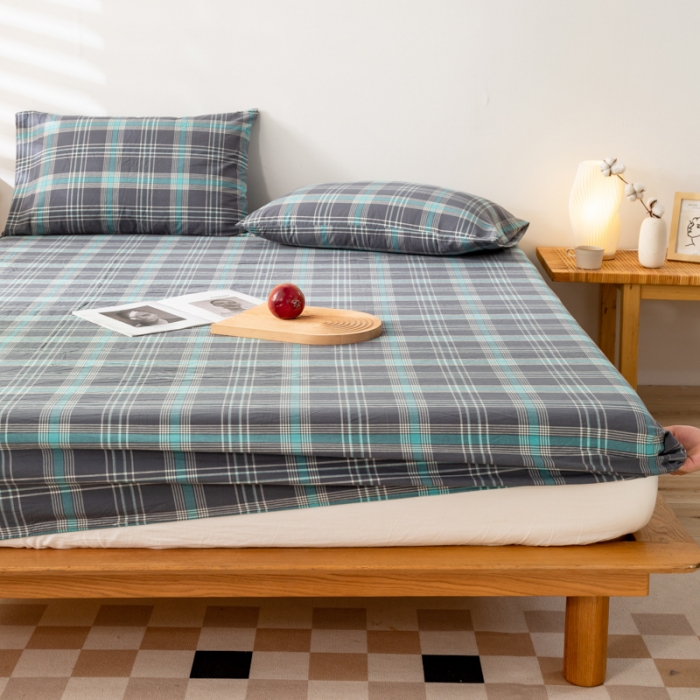 91家纺网 家纺一手货源 找家纺 九沐良品 新款A类色织水洗棉床笠 灰绿格