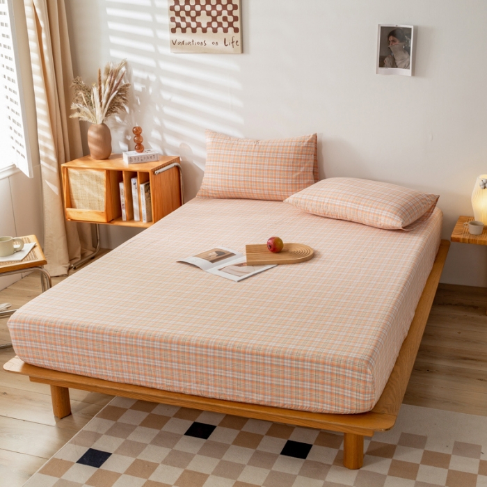 91家纺网 家纺一手货源 找家纺 九沐良品 新款A类色织水洗棉床笠 凯利桔