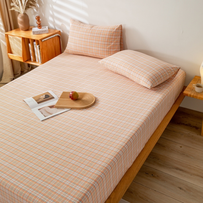 91家纺网 家纺一手货源 找家纺 九沐良品 新款A类色织水洗棉床笠 凯利桔