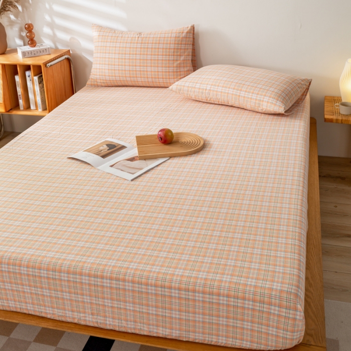 91家纺网 家纺一手货源 找家纺 九沐良品 新款A类色织水洗棉床笠 凯利桔