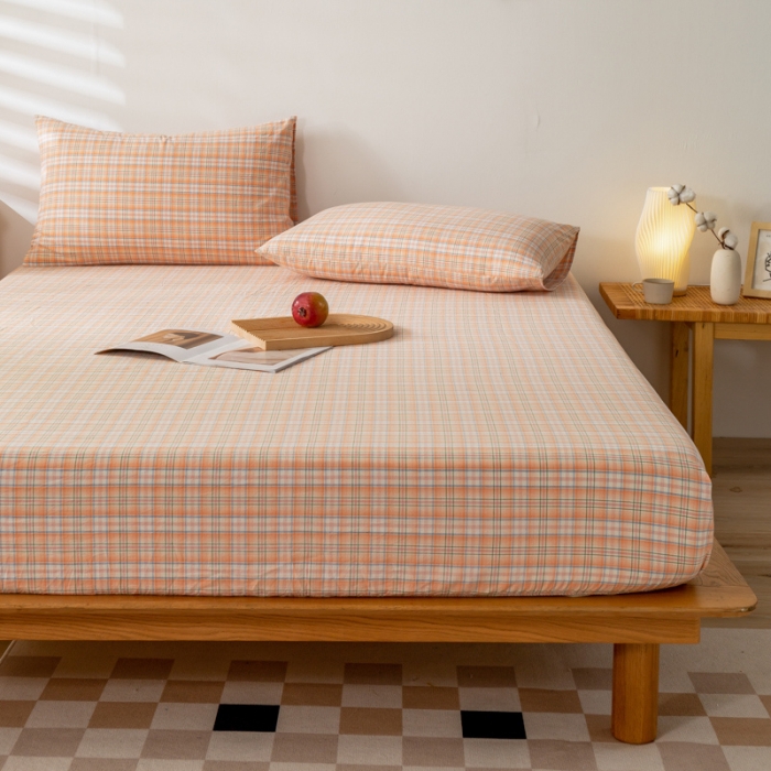 91家纺网 家纺一手货源 找家纺 九沐良品 新款A类色织水洗棉床笠 凯利桔