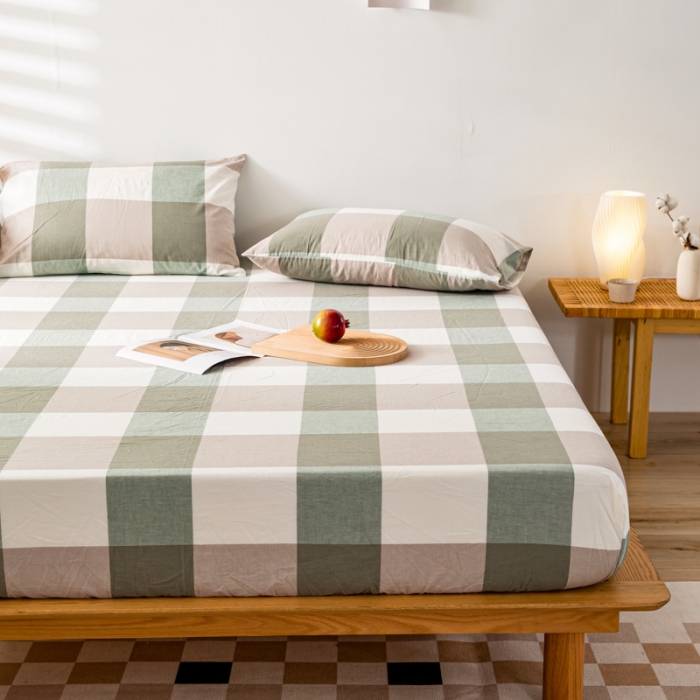 91家纺网 家纺一手货源 找家纺 九沐良品 新款A类色织水洗棉床笠 绿大格