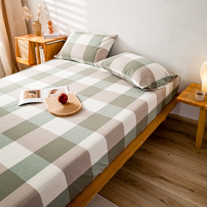 91家纺网 家纺一手货源 找家纺 九沐良品 新款A类色织水洗棉床笠 绿大格