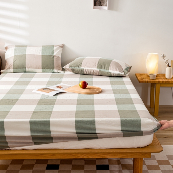 91家纺网 家纺一手货源 找家纺 九沐良品 新款A类色织水洗棉床笠 绿大格