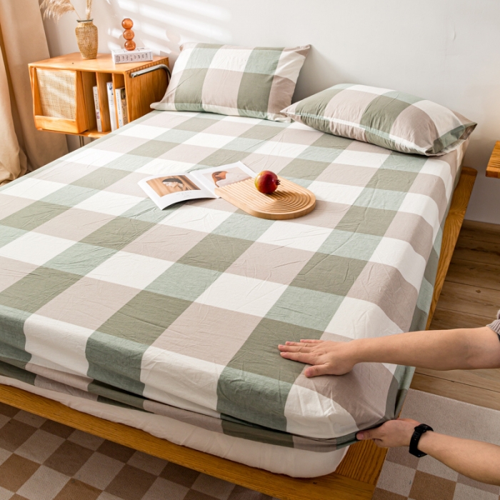 91家纺网 家纺一手货源 找家纺 九沐良品 新款A类色织水洗棉床笠 绿大格