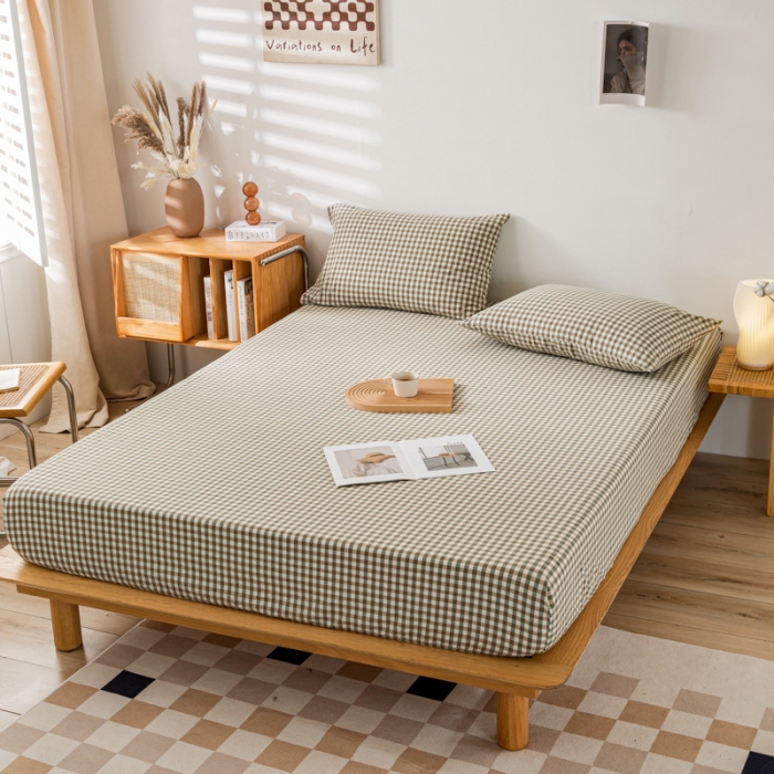 91家纺网 家纺一手货源 找家纺 九沐良品 新款A类色织水洗棉床笠 绿小格