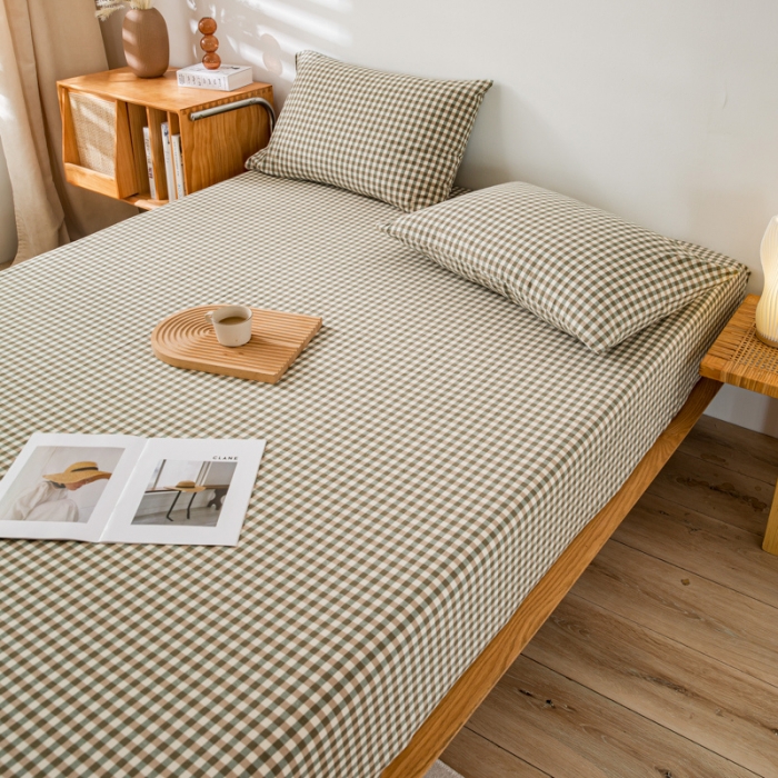 91家纺网 家纺一手货源 找家纺 九沐良品 新款A类色织水洗棉床笠 绿小格