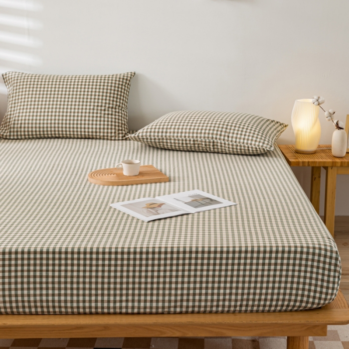 91家纺网 家纺一手货源 找家纺 九沐良品 新款A类色织水洗棉床笠 绿小格