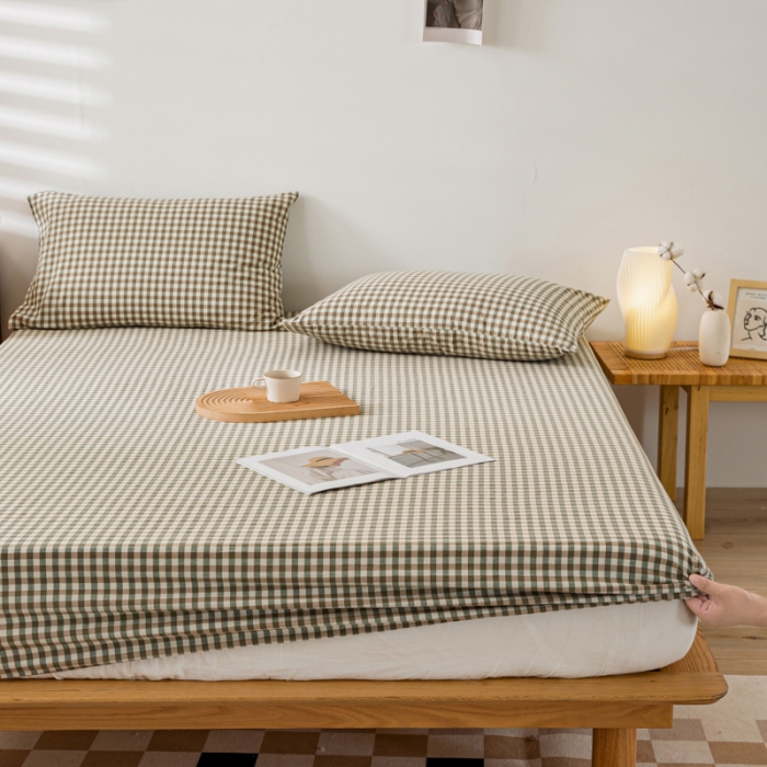 91家纺网 家纺一手货源 找家纺 九沐良品 新款A类色织水洗棉床笠 绿小格