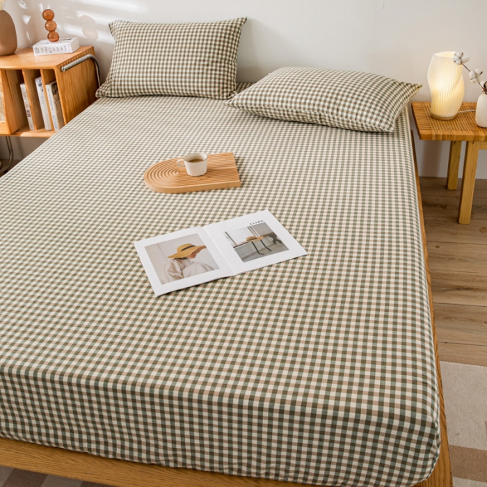 91家纺网 家纺一手货源 找家纺 九沐良品 新款A类色织水洗棉床笠 绿小格