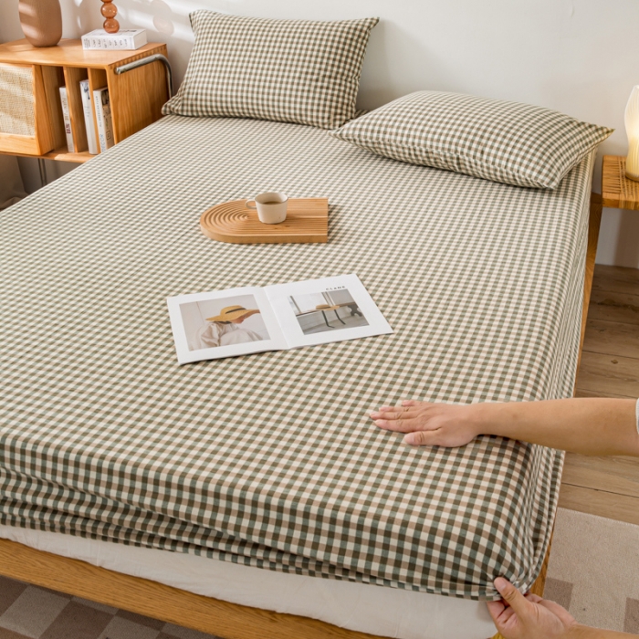 91家纺网 家纺一手货源 找家纺 九沐良品 新款A类色织水洗棉床笠 绿小格