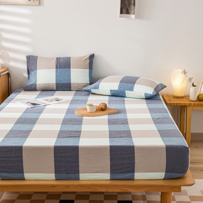 91家纺网 家纺一手货源 找家纺 九沐良品 新款A类色织水洗棉床笠 米棕丈青格