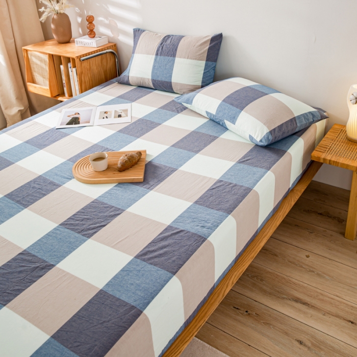 91家纺网 家纺一手货源 找家纺 九沐良品 新款A类色织水洗棉床笠 米棕丈青格