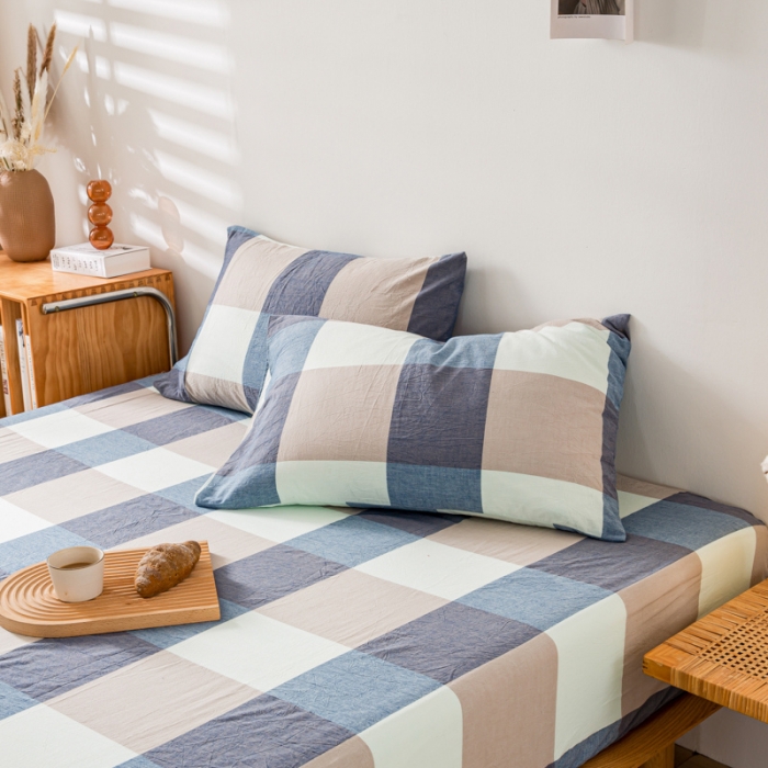 91家纺网 家纺一手货源 找家纺 九沐良品 新款A类色织水洗棉床笠 米棕丈青格