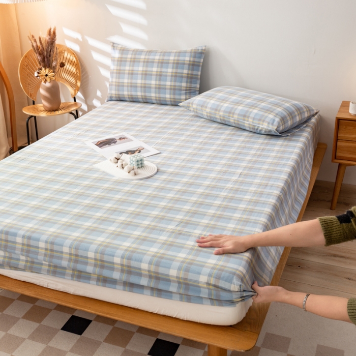 91家纺网 家纺一手货源 找家纺 九沐良品 新款A类色织水洗棉床笠 莫妮卡