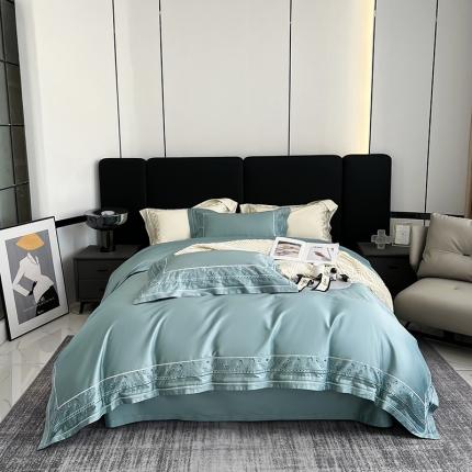 91家纺网 家纺一手货源 找家纺 淼铭 2025新款长绒棉绣花四件套-豹纹系列 豹纹-浅绿