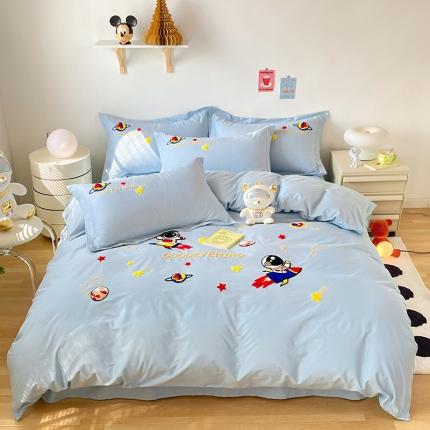 91家纺网 家纺一手货源 找家纺 金窝窝家纺2024新款活性精品纯棉毛巾绣四件套-梦想星空 梦想星空-浅蓝