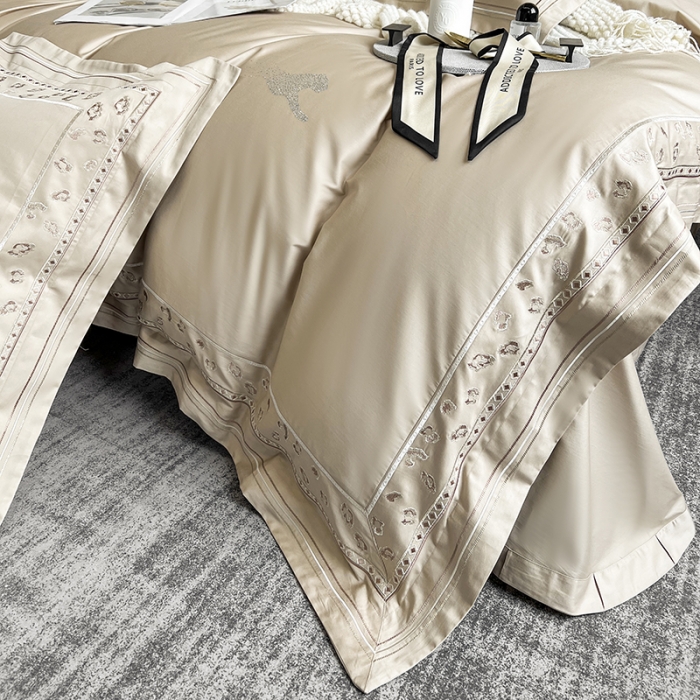 91家纺网 家纺一手货源 找家纺 淼铭 2025新款长绒棉绣花四件套-豹纹系列 豹纹-金咖