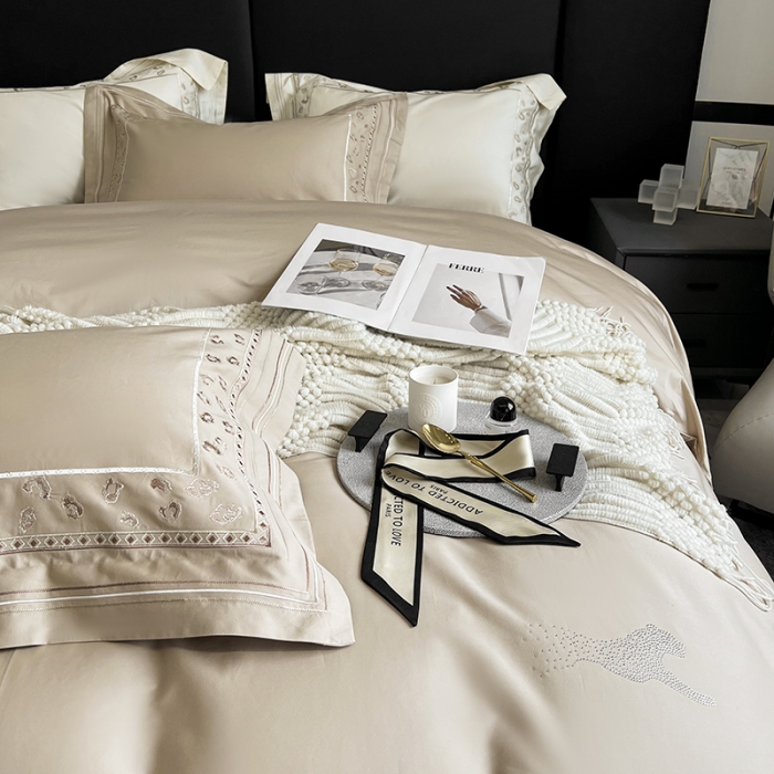 91家纺网 家纺一手货源 找家纺 淼铭 2025新款长绒棉绣花四件套-豹纹系列 豹纹-金咖