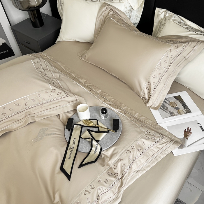 91家纺网 家纺一手货源 找家纺 淼铭 2025新款长绒棉绣花四件套-豹纹系列 豹纹-金咖