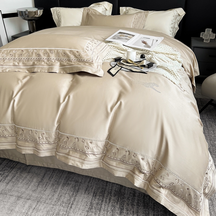 91家纺网 家纺一手货源 找家纺 淼铭 2025新款长绒棉绣花四件套-豹纹系列 豹纹-金咖