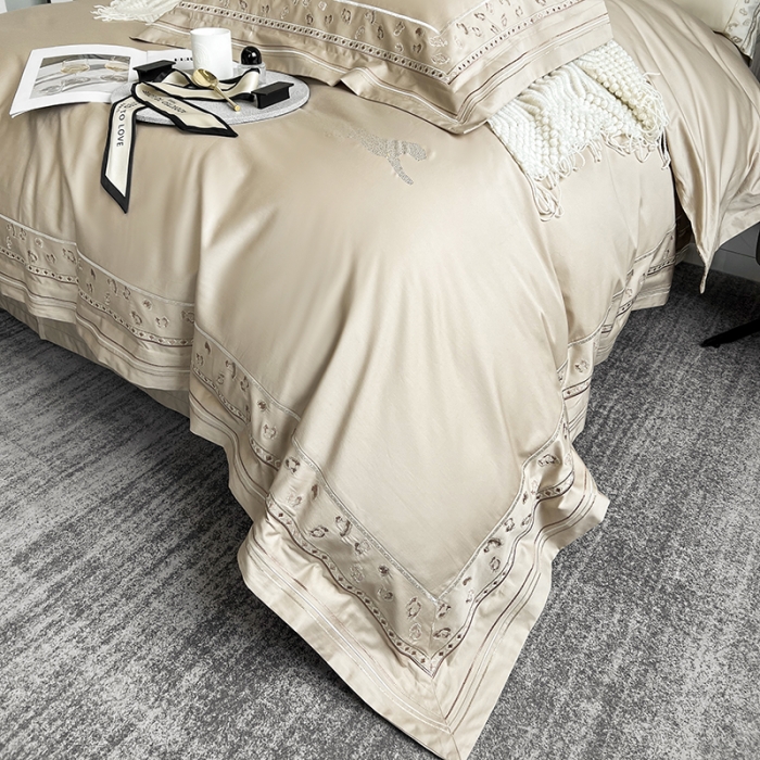 91家纺网 家纺一手货源 找家纺 淼铭 2025新款长绒棉绣花四件套-豹纹系列 豹纹-金咖