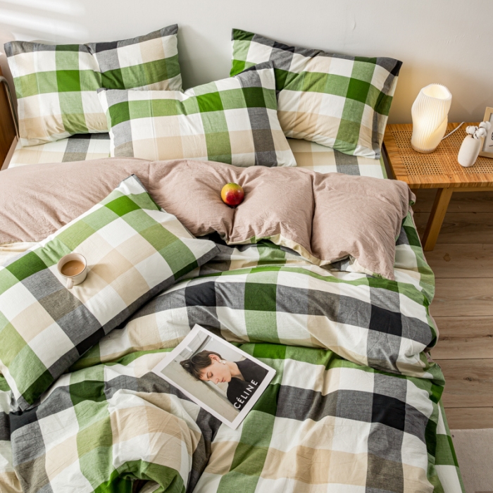 91家纺网 家纺一手货源 找家纺 九沐良品 新款A类色织水洗棉四件套 海青鲜绿格