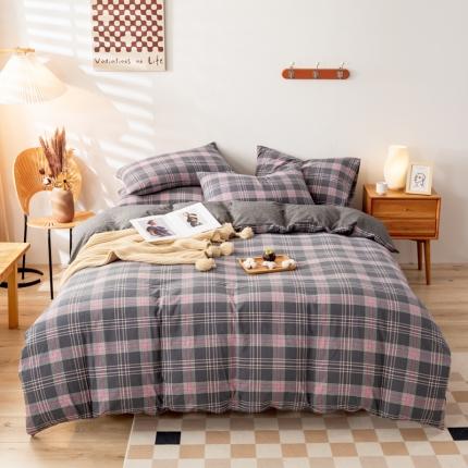 九沐良品 新款A类色织水洗棉四件套 灰粉格