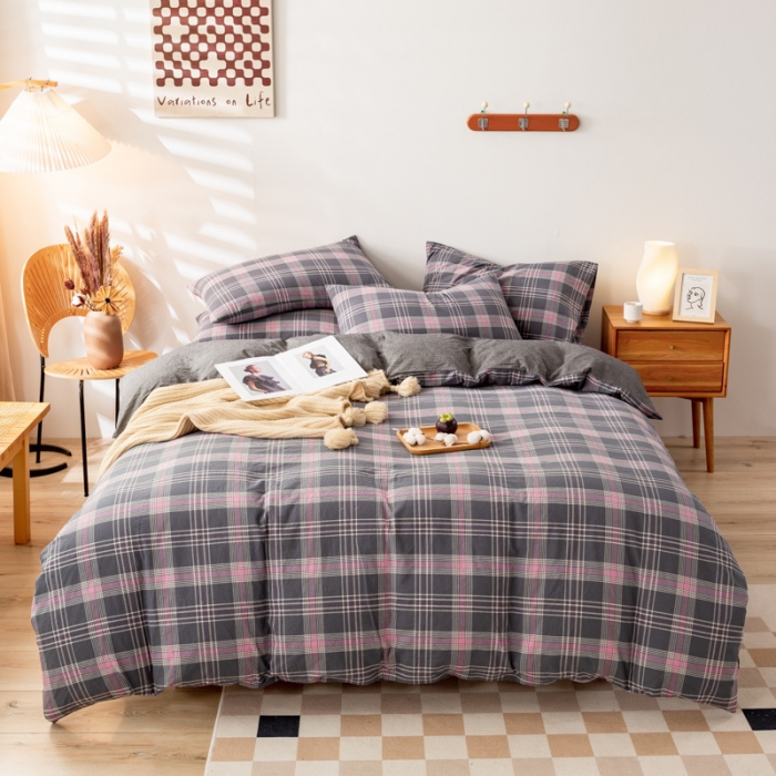 91家纺网 家纺一手货源 找家纺 九沐良品 新款A类色织水洗棉四件套 灰粉格