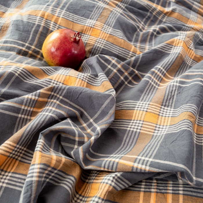 91家纺网 家纺一手货源 找家纺 九沐良品 新款A类色织水洗棉四件套 灰桔格