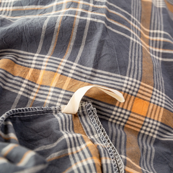 91家纺网 家纺一手货源 找家纺 九沐良品 新款A类色织水洗棉四件套 灰桔格