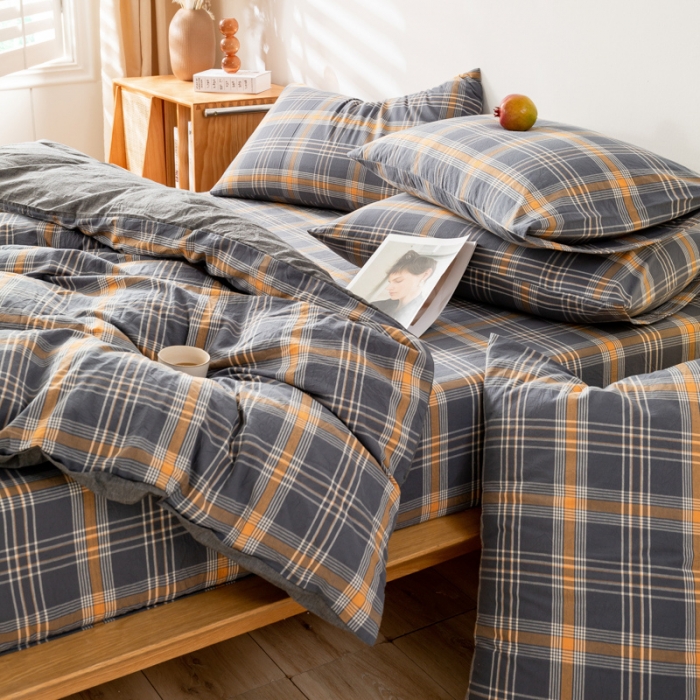 91家纺网 家纺一手货源 找家纺 九沐良品 新款A类色织水洗棉四件套 灰桔格