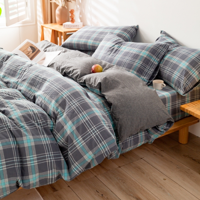 91家纺网 家纺一手货源 找家纺 九沐良品 新款A类色织水洗棉四件套 灰绿格