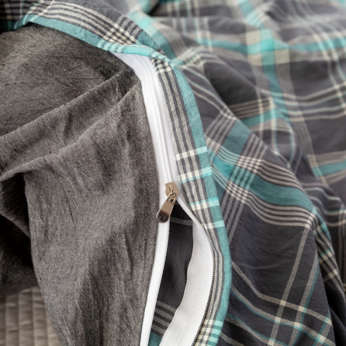 91家纺网 家纺一手货源 找家纺 九沐良品 新款A类色织水洗棉四件套 灰绿格