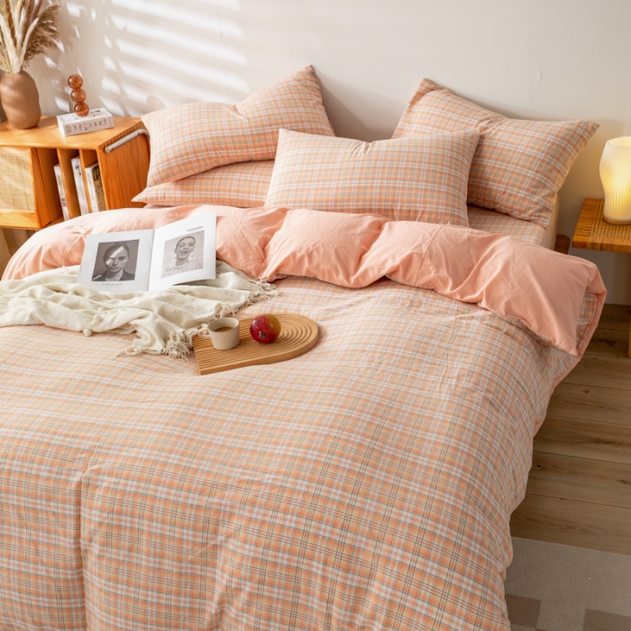 91家纺网 家纺一手货源 找家纺 九沐良品 新款A类色织水洗棉四件套 凯利桔