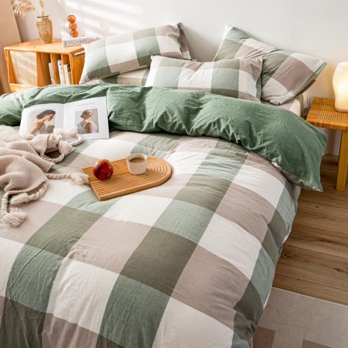 91家纺网 家纺一手货源 找家纺 九沐良品 新款A类色织水洗棉四件套 绿大格